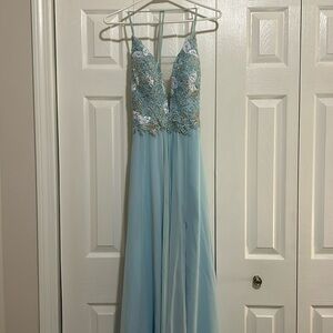 Faviana Light Blue Deep V Neck with Embroidery, Slit, and Strappy Back Size 4